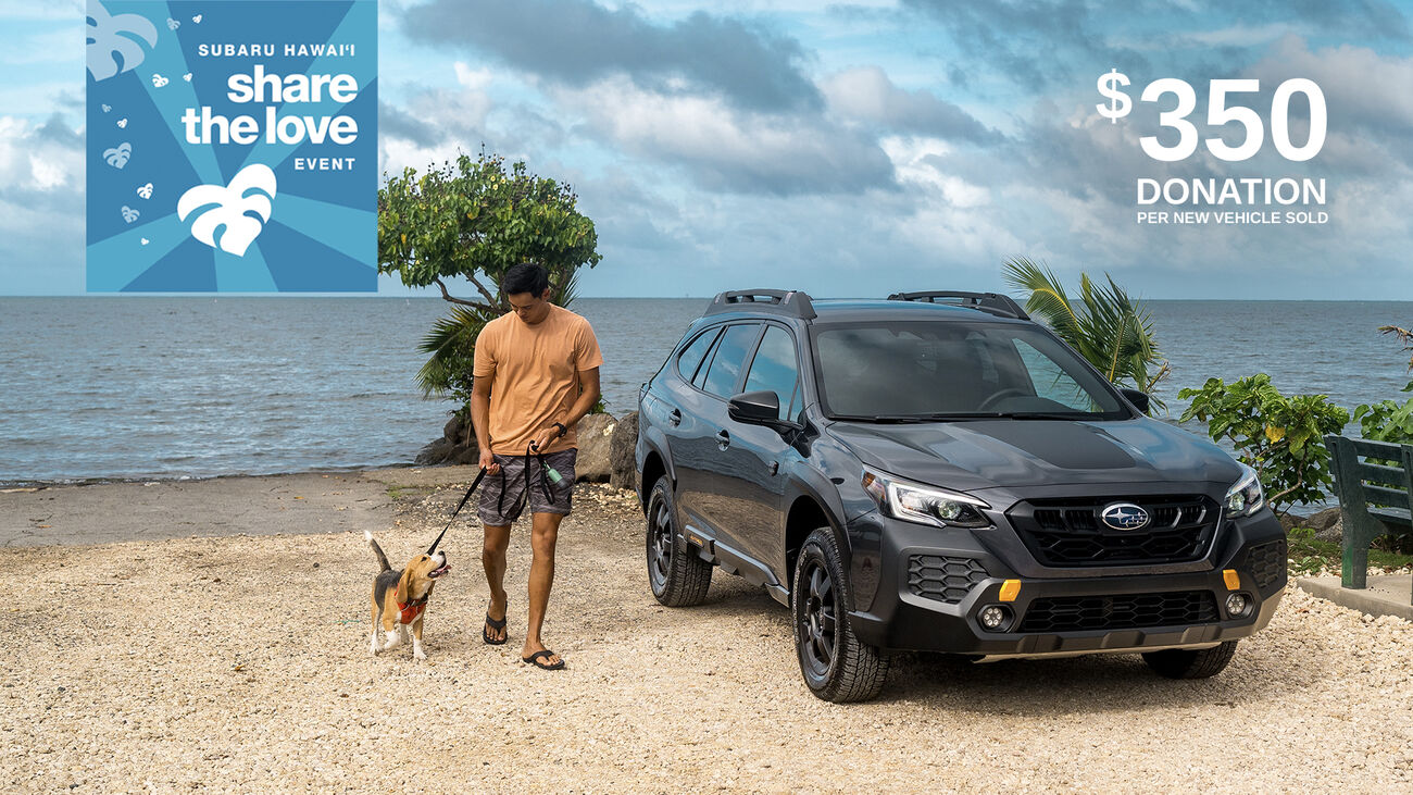 Man and his golden retriever sitting in a Subaru Forester parked, overlooking Downtown Honolulu.