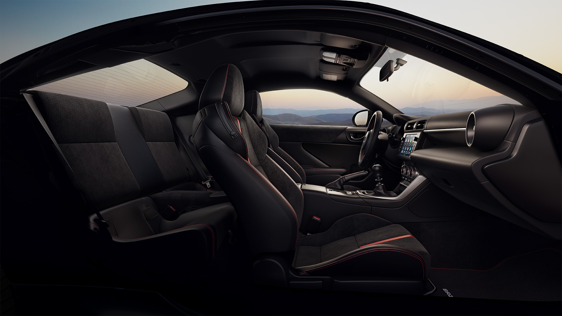 BRZ cabin layout shown in Black/Red Ultrasuede® & Leather